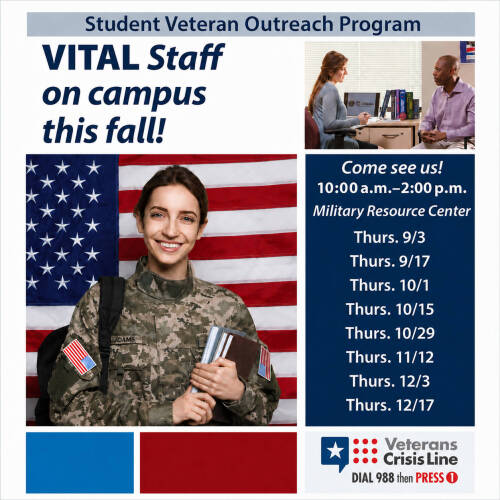 Student Veteran  Holding books and Dates of Vital Coordinator on Campus